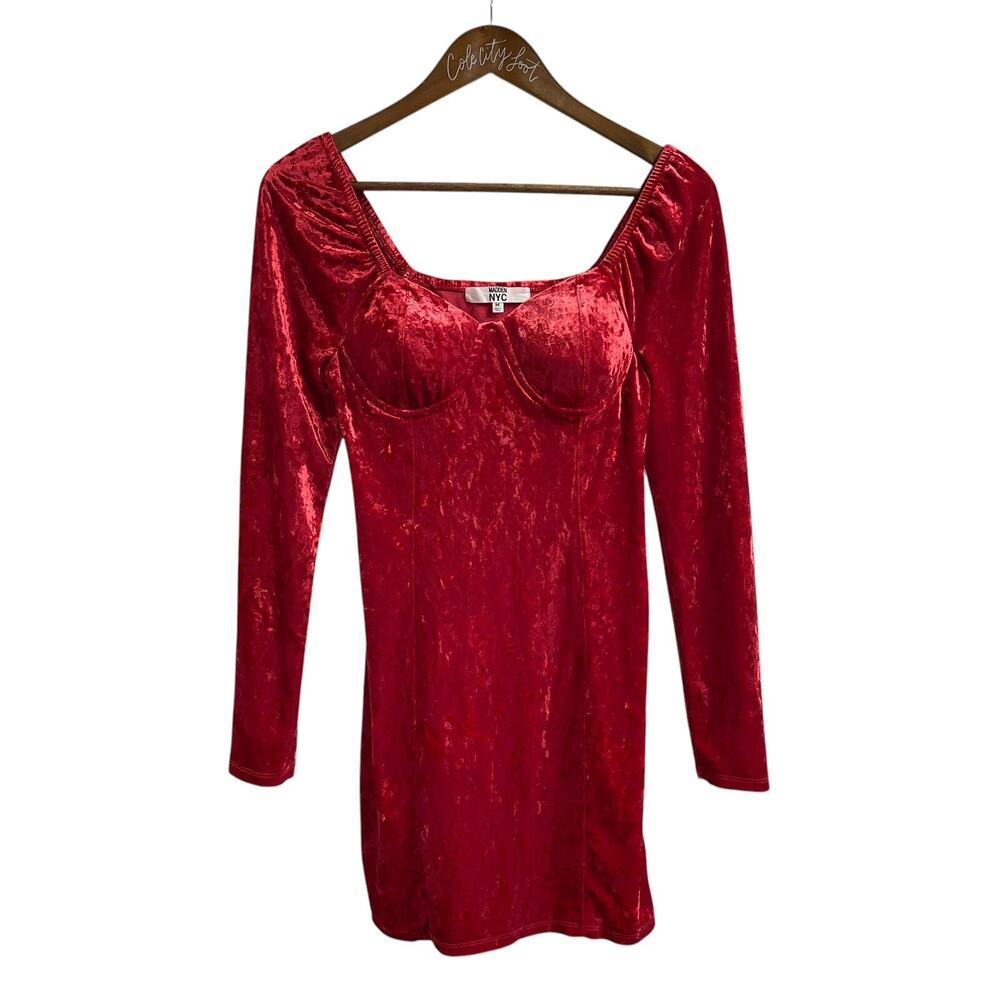 Madden NYC Long Sleeve Red Crushed Velvet Mini Dress Padded Square Neck Party